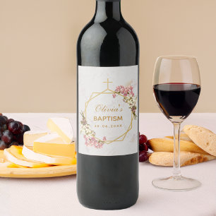 Etiqueta Para Botella De Vino Bautismo Floral Oro Rosado Orquídeas Blancas Mármo