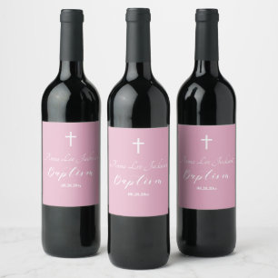 Etiqueta Para Botella De Vino Bautismo moderno cristiano cruz blanca rosada turb