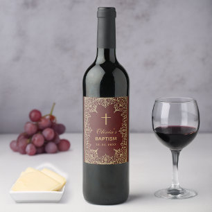 Etiqueta Para Botella De Vino Bautismo Vintage Dorado Borgoña Rojo Elegante