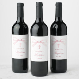 Etiqueta Para Botella De Vino Bautizo de lazo rosa acuarela
