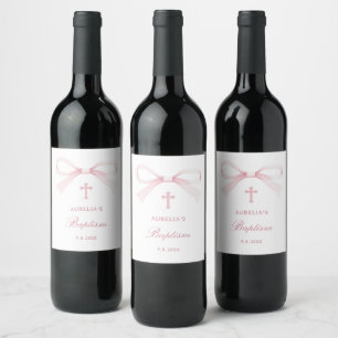 Etiqueta Para Botella De Vino Bautizo de lazo rosa acuarela