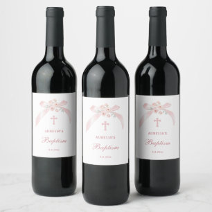 Etiqueta Para Botella De Vino Bautizo de lazo rosa floral