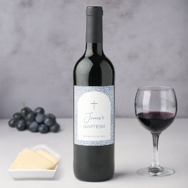Etiqueta Para Botella De Vino Bautizo de Niño Azul Blanco Arco Patrón Floral Esc