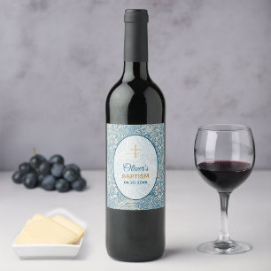 Etiqueta Para Botella De Vino Bautizo de Niño Azul Floral Marigold William Morri
