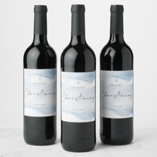 Etiqueta Para Botella De Vino Bautizo de niño con acuarela azul