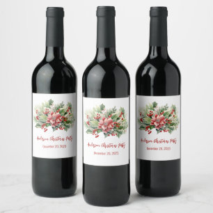 Etiqueta Para Botella De Vino Bayas Rojas de Poinsettia Fiesta de Navidad