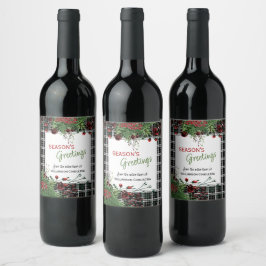 Etiqueta Para Botella De Vino Bayas rojas personalizadas, acebo verde, follaje b