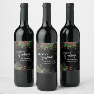 Etiqueta Para Botella De Vino Bayas rojas personalizadas de acebo verde follaje 