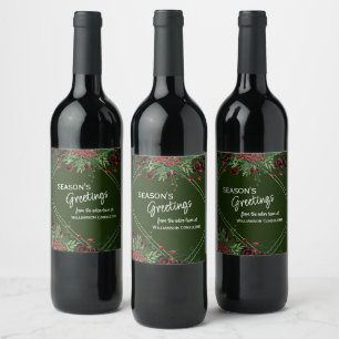 Etiqueta Para Botella De Vino Bayas rojas personalizadas de acebo verde follaje 