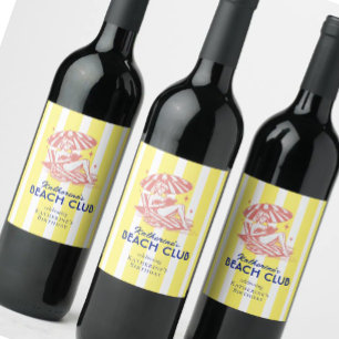 Etiqueta Para Botella De Vino Beach Club Yellow Cabana Stripe Fiesta de cumpleañ