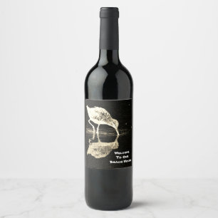 Etiqueta Para Botella De Vino Beach House Bird Reflection Black and White Modern