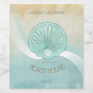 Etiqueta Para Botella De Vino Beach House Clam Shell Aqua Blue ID623