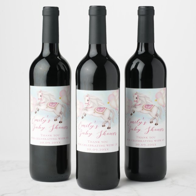 Etiqueta Para Botella De Vino Bebé de cuento de hadas estrellas de globos rosado (Botellas)