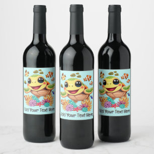 Etiqueta Para Botella De Vino Bebé de tortuga marina feliz y con carácter