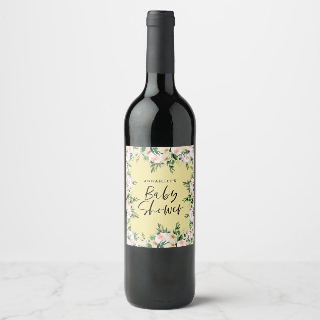 Etiqueta Para Botella De Vino Bebé ducha acuarela amarillo giratorio guión flora (Anverso)