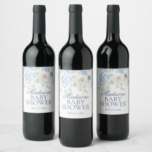 Etiqueta Para Botella De Vino Bebé floral azul en Bloom Hydrangea Baby Shower