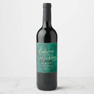 Etiqueta Para Botella De Vino Bienvenida a Boda de color verde esmeralda y oro