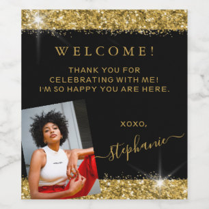 Etiqueta Para Botella De Vino Bienvenida a Purpurina de oro negro foto de cumple