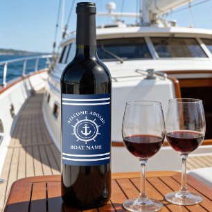Etiqueta Para Botella De Vino Bienvenida Náutica a Bordo Nombre del Barco Ancla 