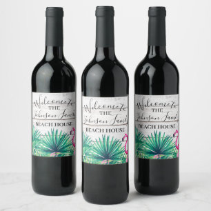 Etiqueta Para Botella De Vino Bienvenidos a Casa de Playa de nombre tropical flo