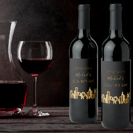 Etiqueta Para Botella De Vino Birthday party black gold city skyline modern