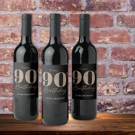 Etiqueta Para Botella De Vino Black and Gold Glitter Numeral 90th Birthday 