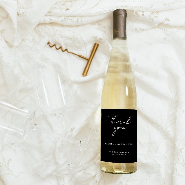 Etiqueta Para Botella De Vino Black Modern Script Boda Gracias (Subido por el creador)