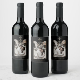 Etiqueta Para Botella De Vino Black Sophisticate Flourish Chic Golden Initials