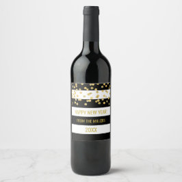 Etiqueta Para Botella De Vino Black Stripes Gold Confetti Personalizado Año Nuev