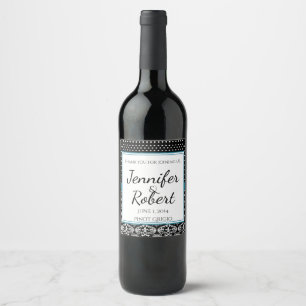 Etiqueta Para Botella De Vino Black White Dots and Damask Wedding Wine Label
