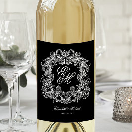 Etiqueta Para Botella De Vino Black White Elegant Monogram Crest Vintage Wedding