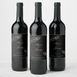 Etiqueta Para Botella De Vino Bloom Botánico Moderno Minimalista Negro Y Oro