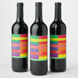 Etiqueta Para Botella De Vino Bloque de color Banda Monograma Nombre Arcoiris