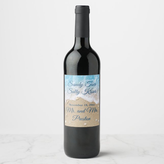 Etiqueta Para Botella De Vino Blue Beach Waves Sandy Toes (Anverso)