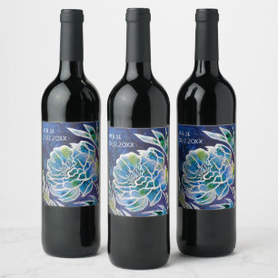 Etiqueta Para Botella De Vino Blue Dahlia Marina artesanal color de agua floral 
