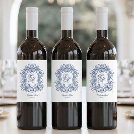 Etiqueta Para Botella De Vino Blue Elegant Monogram Crest Vintage Wedding