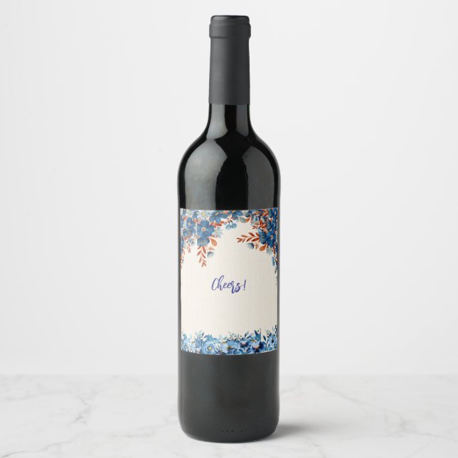 Etiqueta Para Botella De Vino Blue Foral (Anverso)