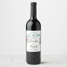 Etiqueta Para Botella De Vino Blue Gold Compass Rosa Beach Wedding Wine Label