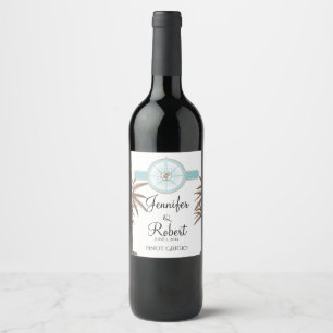 Etiqueta Para Botella De Vino Blue Gold Compass Rosa Beach Wedding Wine Label