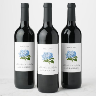 Etiqueta Para Botella De Vino Blue Hydrangea Boda Fecha y nombres