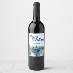 Etiqueta Para Botella De Vino Blue Modern Merry xmas tree forest Rindeer