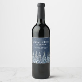 Etiqueta Para Botella De Vino Blue Rustic Snowy Night Forest Wedding Wine Label