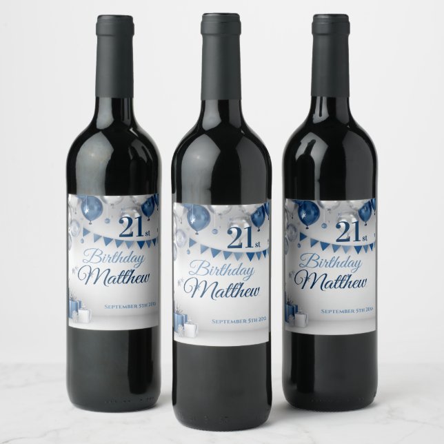 Etiqueta Para Botella De Vino Blue Silver cumpleaños número 21 (Botellas)