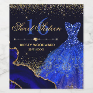 Etiqueta Para Botella De Vino Blue Watercolor Vestido y agate purpurina Dulce 16