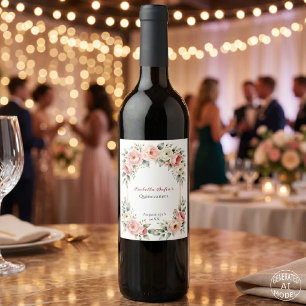 Etiqueta Para Botella De Vino Blush Rosa Acuarela Peonía Marco Dorado Quinceañer