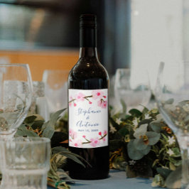 Etiqueta Para Botella De Vino Boda acuarela de color rosa brillante con flores d