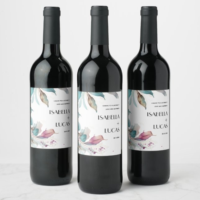 Etiqueta Para Botella De Vino Boda acuarela de Magenta Aquamarine (Botellas)