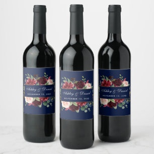 Etiqueta Para Botella De Vino Boda acuarela Floral Burgundy Blue Gold