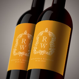 Etiqueta Para Botella De Vino Boda Amarillo Caléndula Cresta Monograma Vintage
