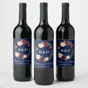 Etiqueta Para Botella De Vino Boda azul borgoña floral acuarela